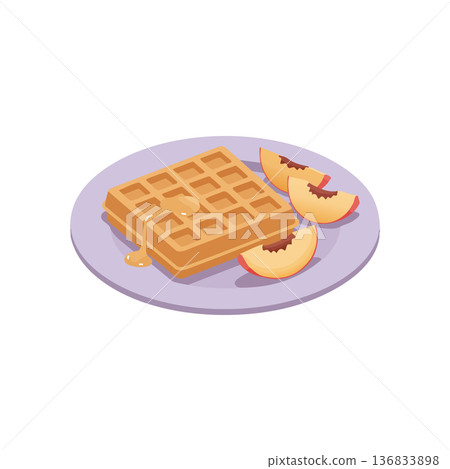 Waffle with syrup and sliced peaches on a purple plate vector food illustration for breakfast or dessert ideas 136833898