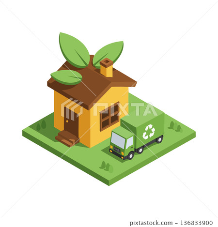 Eco friendly house with recycling truck delivering sustainable waste management vector illustration Eco friendly house with recycling truck delivering sustainable waste management vector illustration 136833900