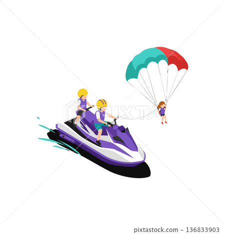 Parasailing water sport with jet ski towing colorful parachute and people having fun outdoor activity 136833903