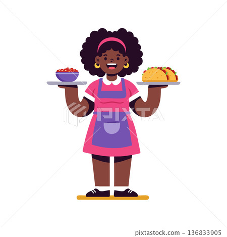 African American waitress serving tacos and bowl of food smiling in pink and purple apron vector illustration 136833905