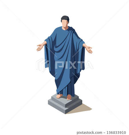 Ancient Roman man statue with blue toga standing on pedestal in welcoming gesture vector illustration 136833910