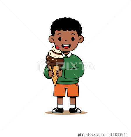 Boy holding ice cream cone smiling happily enjoying dessert treat vector illustration Boy holding ice cream cone smiling happily enjoying dessert treat vector illustration 136833911