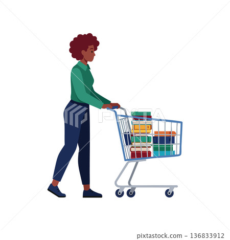 Woman pushing shopping cart filled with boxes and packages in store aisle for grocery or retail shopping vector illustration 136833912