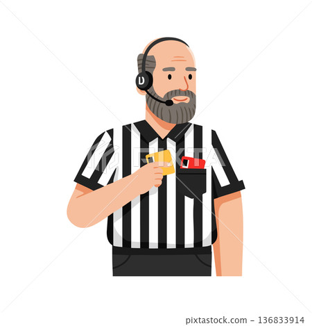Referee with headset holding yellow and red cards in black and white striped uniform vector illustration Referee with headset holding yellow and red cards in black and white striped uniform vector illustration 136833914