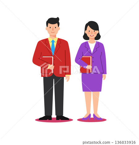 Businessman and businesswoman standing with folders in professional attire vector illustration for corporate teamwork and office environment concept Businessman and businesswoman standing with folders in professional attire vector illustration for corporate teamwork and office environment concept 136833916