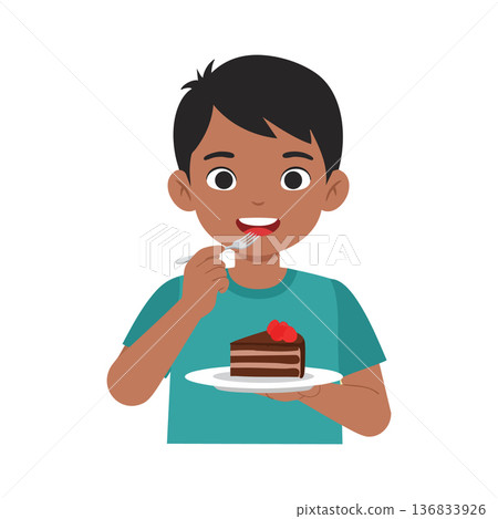 Boy enjoying chocolate cake with fork smiling in teal shirt vector illustration Boy enjoying chocolate cake with fork smiling in teal shirt vector illustration 136833926