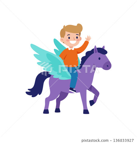 Boy riding purple winged horse fantasy creature flying with happiness and fun joy imagination vector illustration 136833927