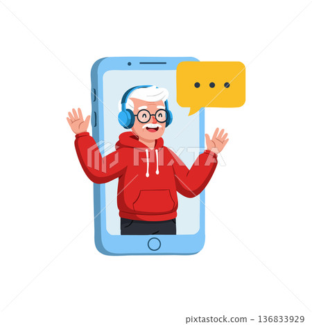 Elderly man with headphones and glasses appearing from smartphone screen with chat bubble vector illustration Elderly man with headphones and glasses appearing from smartphone screen with chat bubble vector illustration 136833929