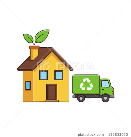 Eco Friendly House with Green Recycling Truck Promoting Sustainable Living and Environmental Conservation Concept Vector Illustration Eco Friendly House with Green Recycling Truck Promoting Sustainable Living and Environmental Conservation Concept Vector Illustration 136833930