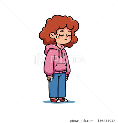Sad young girl crying with tear wearing pink hoodie and blue jeans vector illustration emotional expression 136833932