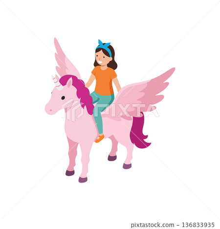 Girl riding pink winged unicorn fantasy magical creature illustration vector Girl riding pink winged unicorn fantasy magical creature illustration vector 136833935
