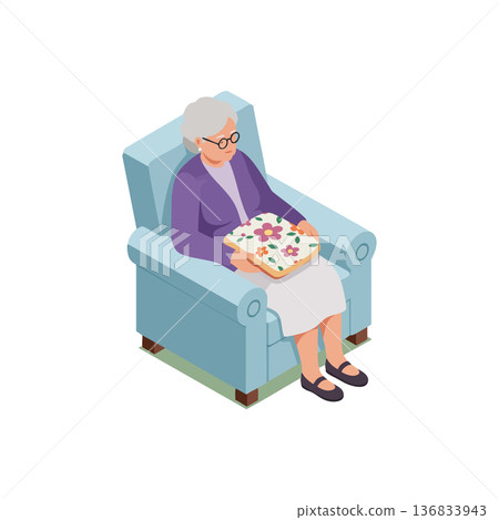 Elderly woman sitting in blue armchair holding floral embroidery craft project vector illustration Elderly woman sitting in blue armchair holding floral embroidery craft project vector illustration 136833943