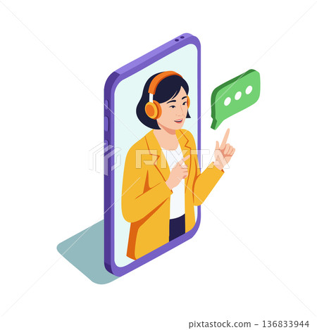 Woman with headset communicating through smartphone screen digital chat bubble vector illustration 136833944