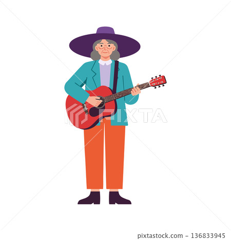 Older woman playing red acoustic guitar wearing purple hat teal jacket and orange pants vector illustration Older woman playing red acoustic guitar wearing purple hat teal jacket and orange pants vector illustration 136833945