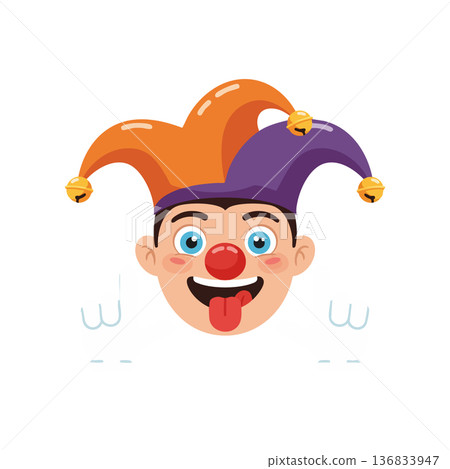 Jester face with colorful hat and bells smiling with tongue out happy carnival character vector illustration 136833947