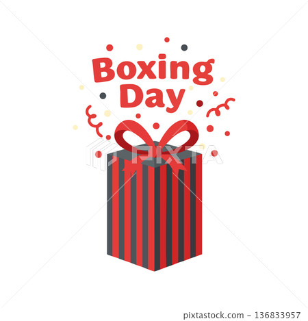 Boxing Day gift box with red ribbon and festive confetti celebration vector design for holiday shopping and sale events Boxing Day gift box with red ribbon and festive confetti celebration vector design for holiday shopping and sale events 136833957