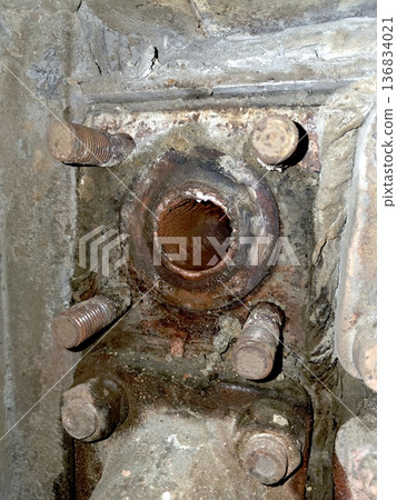 Close View of Metal Pipes With Deposits in Industrial Setting Showing Wear and Age 136834021