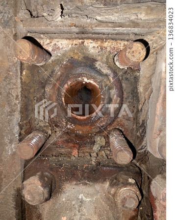 Close up of Metal Pipes Showing Corrosion and Deposits From Prolonged Use Close up of Metal Pipes Showing Corrosion and Deposits From Prolonged Use 136834023