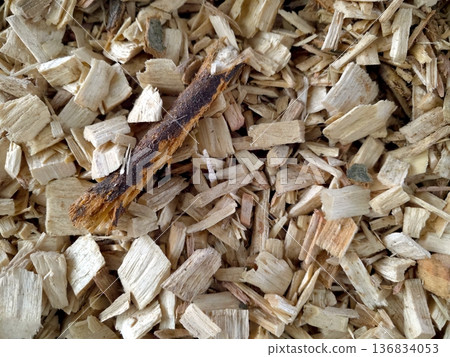 Wood Chip Pile Shows Different Sizes and Shapes of Wood Pieces Found in a Yard Wood Chip Pile Shows Different Sizes and Shapes of Wood Pieces Found in a Yard 136834053