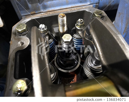View of Diesel Engine Valves in Engine Block Showing Valve Lift and Components 136834071