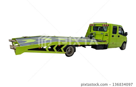 This modern lime green car carrier tow truck features a double cab and a flatbed design. It is designed for vehicle recovery and transportation services. Perfect for roadside assistance. 136834097
