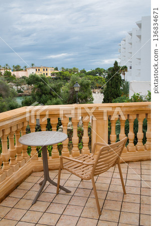 Cala Ferrera bay on Mallorca, view from hotel room terrace. Cala D'or resort on Balearic islands in Spain. 136834671