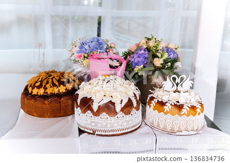 Traditional wedding bread with swan decoration served at marriage celebration 136834736