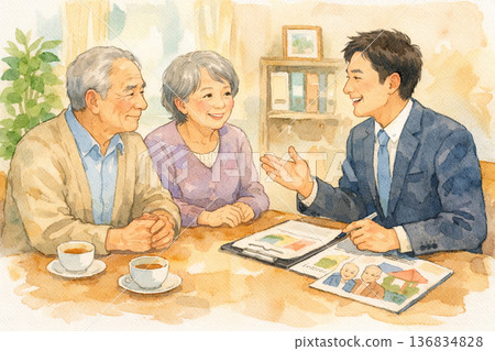 一對老年夫婦與男性員工進行諮詢 136834828