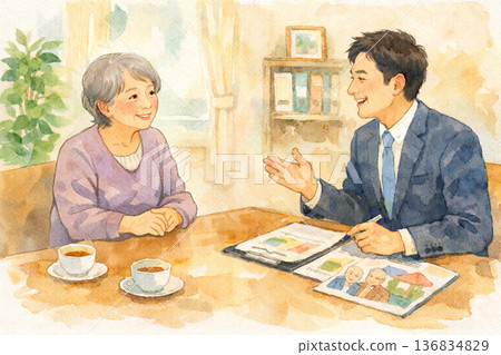 Elderly woman consulting with male staff 136834829