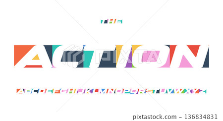 Action Geometric Font Logo Alphabet Colour Shape Letter Set Modern Typography, Creative Typographic Design for Game Title, Race Poster Headline, Kids Symbol Logotype, Cutout Fonts. Vector Typeface 136834831