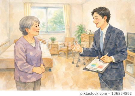 一位老婦人正在聽取有關住房的解釋。 136834892
