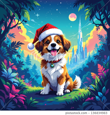 Festive Puppy in Santa Hat Sitting in Vibrant Fantasy Landscape 136834983