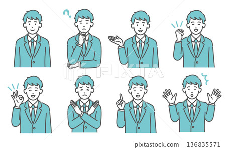 青少年男性（男學生）臉部表情和姿勢插圖集（上半身，8 種類型） 136835571
