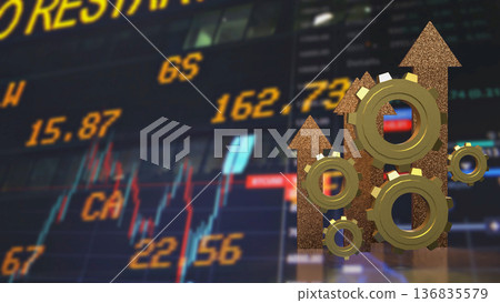 Financial Market Growth Concept with Gears and Rising Arrows 3d render. 136835579