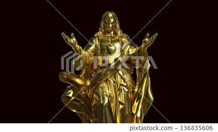 Golden Jesus Christ Sacred Heart Statue 3d render. 136835606