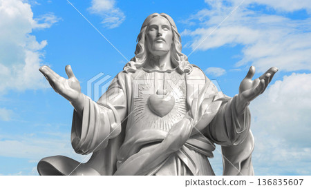 Sacred Heart Jesus Statue Against Blue Sky 3d render. Sacred Heart Jesus Statue Against Blue Sky 3d render. 136835607