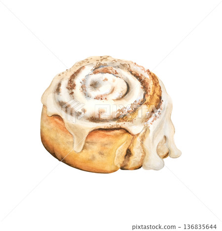 A delicious classic Cinnabon bun with cinnamon and vanilla cream. This French pastry is hand-painted with watercolors on a white background in pastel colors. A delicious classic Cinnabon bun with cinnamon and vanilla cream. This French pastry is hand-painted with watercolors on a white background in pastel colors. 136835644