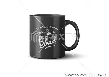 Vector 3d Realistic Black Coffee Mug Mockup with Vintage Typography Print. Ceramic Cup for Branding and Merch Design. Realistic 3d Vector Illustration Isolated Vector 3d Realistic Black Coffee Mug Mockup with Vintage Typography Print. Ceramic Cup for Branding and Merch Design. Realistic 3d Vector Illustration Isolated 136835714