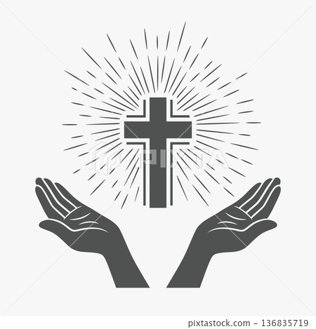 Vector Black and White Open Hands with Cross and Rays. Symbol of Faith and Prayer. Design Template for Church Logo. Prayer, Religion Concept. Monochrome Cut Out Silhouette Icon. Vector Illustration 136835719