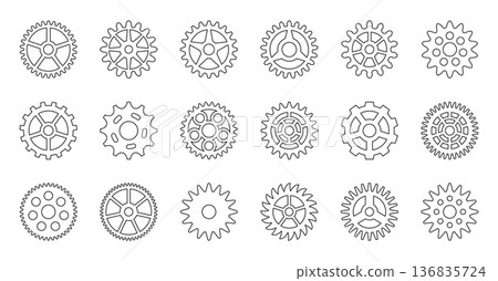 Gears Cogs Black Line Icon Set. Gearwheel Mechanical Engineering Technology Industrial Outline Metal Cogwheels for Factory Automation Projects. Machinery Manufacturing Elements. Vector Illustration 136835724