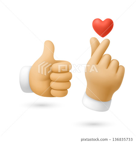 Vector 3d Like and Love Hands Set, Isolated. Like and Love Hands. Thumbs Up and Finger Heart Gesture with Red Heart Icon. Social Media Reaction Symbol, Isolated Vector 3d Like and Love Hands Set, Isolated. Like and Love Hands. Thumbs Up and Finger Heart Gesture with Red Heart Icon. Social Media Reaction Symbol, Isolated 136835733