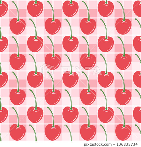 Vector Cherry Seamless Pattern Background with Cute Cherries on Pink Gingham Grid. Cherry Fruit Wallpaper for Textile, Fabric, Wrapping Paper, Surface Design. Cherry Repeat Print Vector Cherry Seamless Pattern Background with Cute Cherries on Pink Gingham Grid. Cherry Fruit Wallpaper for Textile, Fabric, Wrapping Paper, Surface Design. Cherry Repeat Print 136835734