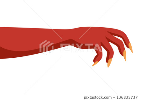 Vector Red Monster Hand with Sharp Claws Illustration. Halloween Horror Creature Arm. Spooky Scary Gesture Isolated. Fantasy Demon Zombie Hand Clipart, Vector Design Element 136835737