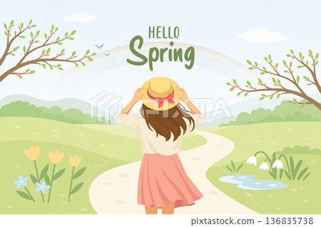 Hello Spring Landscape Illustration with Girl in Hat, Green Meadow and Blossoming Trees, Seasonal Nature Background for Greeting Card, Poster and Banner. Cute Springtime Scene with Woman in a Hat Hello Spring Landscape Illustration with Girl in Hat, Green Meadow and Blossoming Trees, Seasonal Nature Background for Greeting Card, Poster and Banner. Cute Springtime Scene with Woman in a Hat 136835738