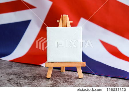 Empty white paper frame National symbol of Great Britain. Mock up advertisement template British wave UK fabric flag background. Copy space for your text. Independence 136835850