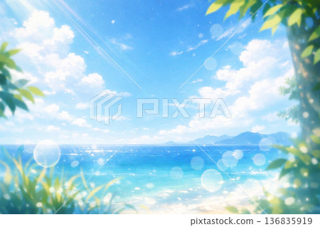 Summer sea and blue sky: A view of the sparkling water surface through the leaves 136835919