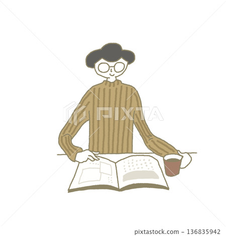 房間裡，一個戴眼鏡的女人一邊翻閱雜誌，一邊喝咖啡。 136835942