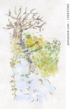 Winter scenery: Watercolor illustration of the Sunagawa Irrigation Canal with snow remaining Winter scenery: Watercolor illustration of the Sunagawa Irrigation Canal with snow remaining 136835985