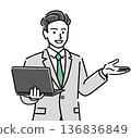 A young male businessman holding a laptop and explaining with a smile 136836849