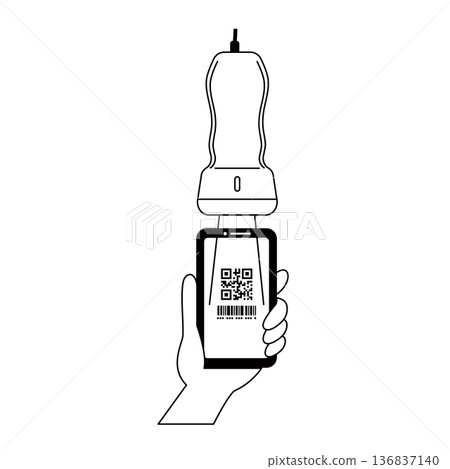 Illustration of a hand reading a smartphone code payment with a dedicated reader Illustration of a hand reading a smartphone code payment with a dedicated reader 136837140